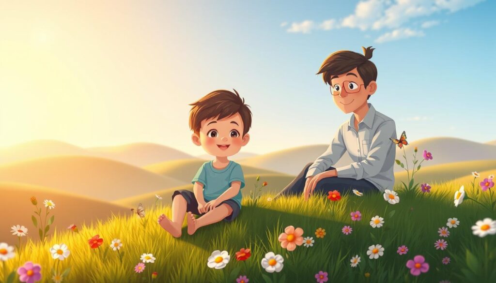 A serene and contemplative landscape that embodies the "inner child" concept. In the foreground, a young child with a playful expression, dressed in modest casual clothing, sits on a grassy hill, surrounded by colorful flowers and butterflies, representing innocence and joy. The middle layer features an adult figure, dressed in professional but approachable attire, sitting nearby with a gentle smile, reflecting support and understanding. In the background, soft, rolling hills and a clear blue sky evoke a sense of peace and tranquility. The lighting is warm and inviting, with golden hour sunlight casting a gentle glow over the scene. Lush greenery and blooming flowers enhance the atmosphere, creating a moment of connection between the child and the adult. All elements come together to symbolize healing and emotional recovery. Brand name: nextself.ai. A serene and contemplative landscape that embodies the "inner child" concept. In the foreground, a young child with a playful expression, dressed in modest casual clothing, sits on a grassy hill, surrounded by colorful flowers and butterflies, representing innocence and joy. The middle layer features an adult figure, dressed in professional but approachable attire, sitting nearby with a gentle smile, reflecting support and understanding. In the background, soft, rolling hills and a clear blue sky evoke a sense of peace and tranquility. The lighting is warm and inviting, with golden hour sunlight casting a gentle glow over the scene. Lush greenery and blooming flowers enhance the atmosphere, creating a moment of connection between the child and the adult. All elements come together to symbolize healing and emotional recovery. Brand name: nextself.ai.